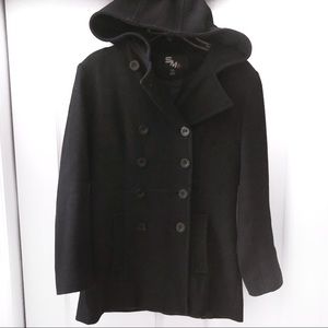 Black Hooded Double Breasted Pea Coat Jacket sz S